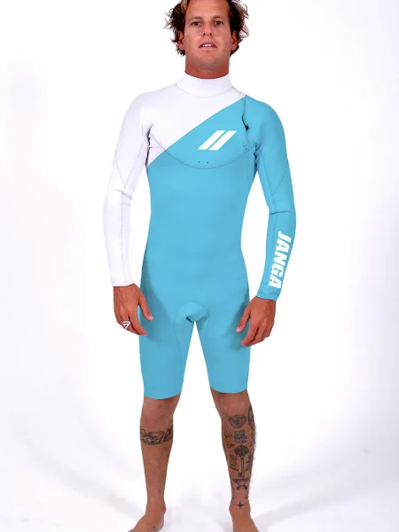 Neopreno Janga wetsuits indigent azul y blanco pierna corta vista frontal