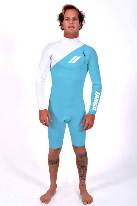 Neopreno Janga wetsuits indigent azul y blanco pierna corta vista frontal