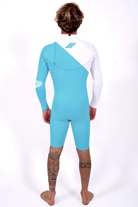 Neopreno Janga wetsuits indigent azul y blanco pierna corta vista espalda